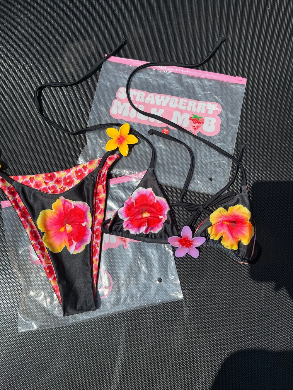 Strawberry Milk Mob Black Bikini with Pink and Yellow Floral Print - Picture 3 of 14